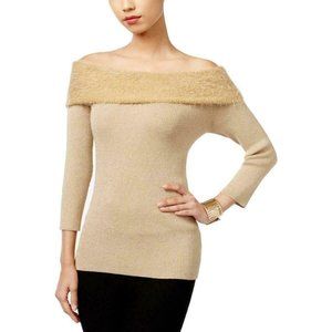 ^ NY Collection Women's Large NWT Knit Off Shoulder Gold Metallic Top …